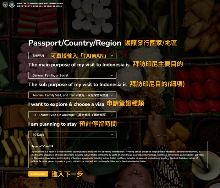 該圖片顯示印尼電子簽證申請第一步驟，包含國籍（Passport/Country/Region）、入境目的、簽證類型（B1旅遊簽）與停留時間等欄位，並搭配中文說明，協助申請人完成初步設定。