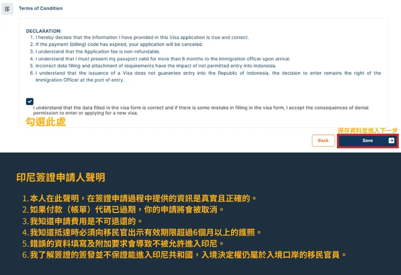該圖片為申請過程中的條款聲明頁面（Terms of Condition），列出申請資料真實性、護照效期與入境規範等重要聲明，需勾選同意後才能繼續。右下角顯示「Save」按鈕，完成此步驟後可進入下一階段。