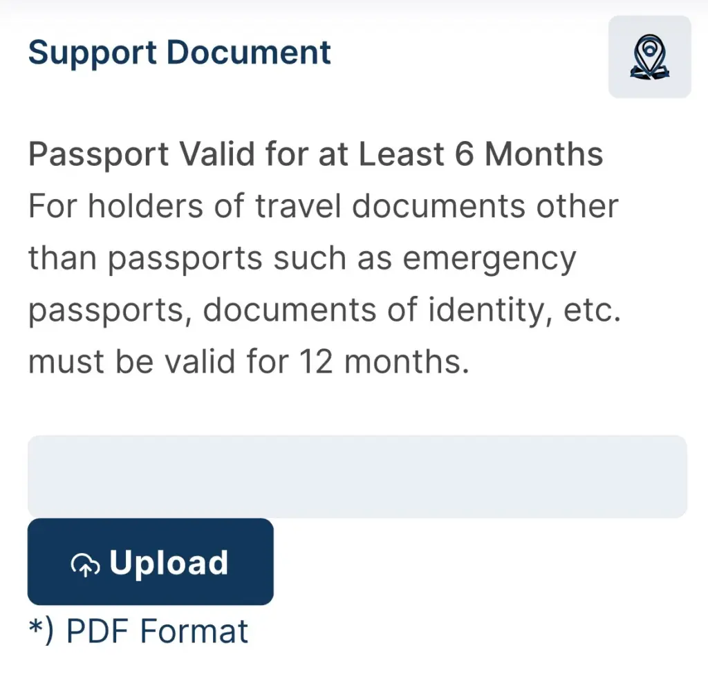 畫面為印尼電子簽證網站中的 Support Document 頁面，內容說明護照需具備至少6個月以上效期，並要求申請人上傳相關護照文件 PDF 檔案。此步驟為印尼電子簽證申請流程中的基本文件審核項目，用於確認申請人的護照有效期限是否符合入境規定。