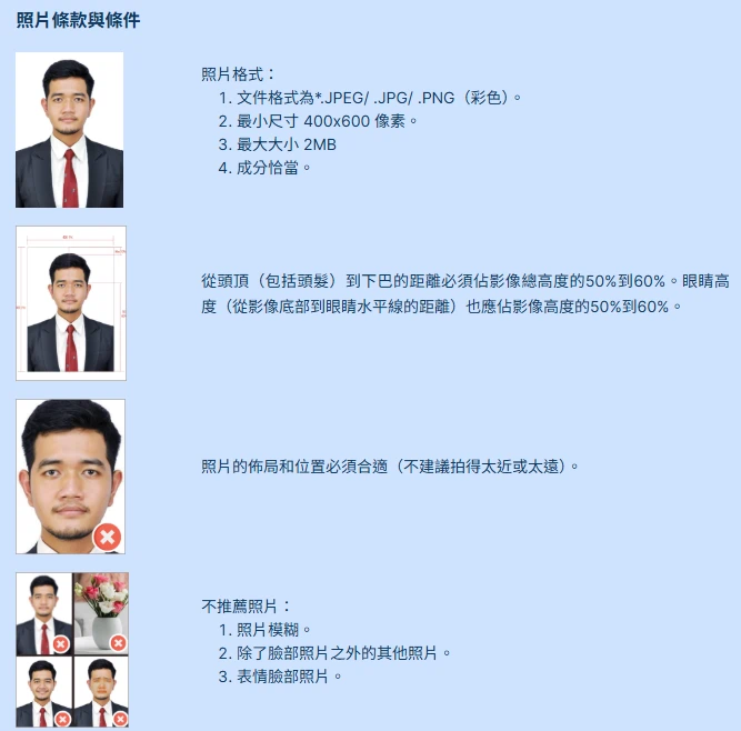 畫面為印尼電子簽證官網的大頭照規格說明，列出照片格式需為 JPEG、JPG 或 PNG，最小尺寸需達 400x600 像素，檔案大小不得超過 2MB，並要求照片比例與頭部位置符合官方規定。下方同時展示不符合規範的錯誤示範，包括模糊照片、非正面照片、自拍照與過近或過遠的人像比例，提醒申請人上傳符合要求的大頭照以提高簽證申請成功率。