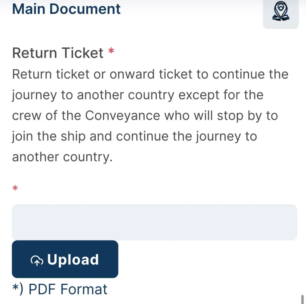 畫面為印尼電子簽證申請網站中的 Main Document 頁面，系統要求申請人上傳 Return Ticket 回程機票或前往第三國機票，並限定需為 PDF 格式。此頁面主要用於確認申請人完成印尼行程後將離境，為申請印尼電子簽證的重要文件上傳步驟之一。