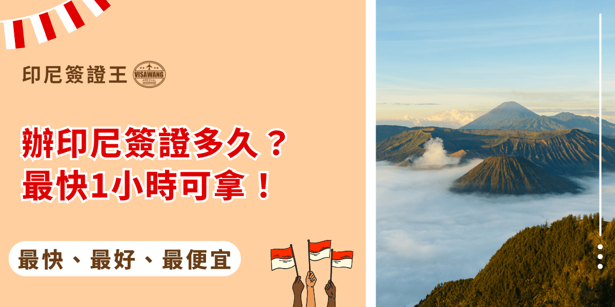 這張圖片以溫暖的米色作為主背景，左側標示「印尼簽證王」品牌字樣，搭配醒目的紅色主標「辦印尼簽證多久？最快1小時可拿！」突顯快速辦理的重點訊息。下方呈現「最快、最好、最便宜」的服務標語，並附上揮舞印尼國旗的插畫元素，營造親切與地區識別感。右側為印尼布羅莫火山的清晨風景照，雲海、火山地形與柔和光線形成鮮明對比，常用於旅遊與簽證文章首圖，象徵目的地特色與旅行氛圍。